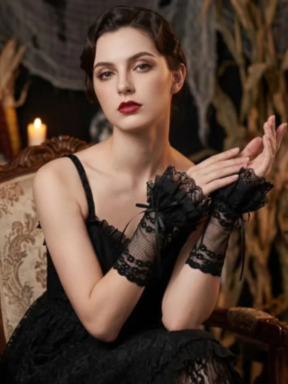 Women's Lace Fingerless Gloves - Ruffle Bow Arm Sleeves for Wedding Cosplay
